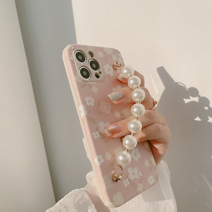 Oil Painting Floral Phone Case Pearl Chain