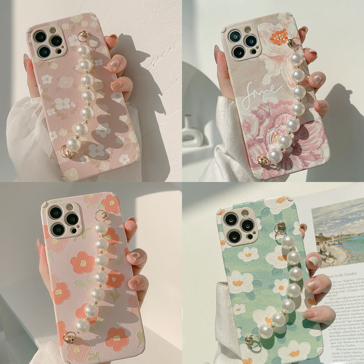 Oil Painting Floral Phone Case Pearl Chain