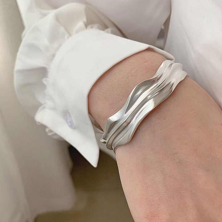 Irregular Fold Texture Opening Wide S925 Sterling Silver Bracelet Women