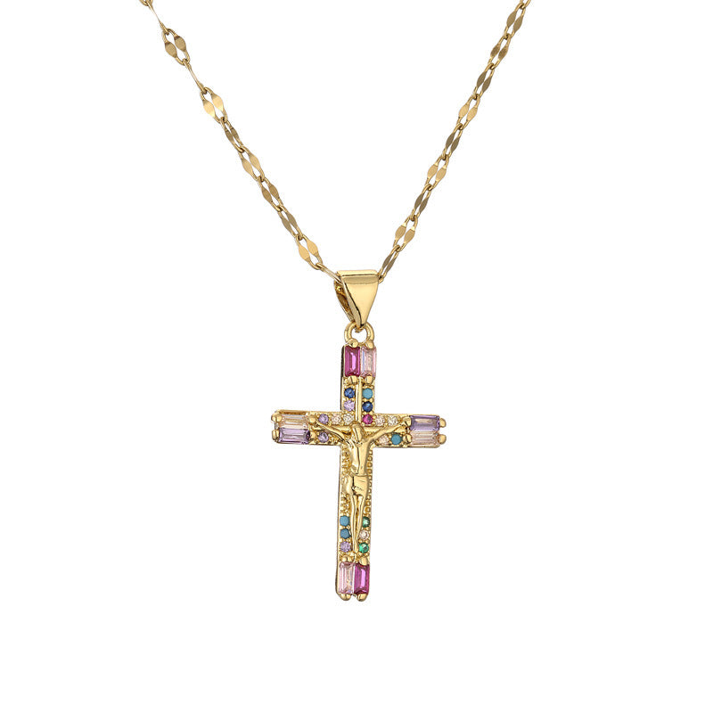 European And American Micro Zircon-inlaid Pendant Cross Necklace