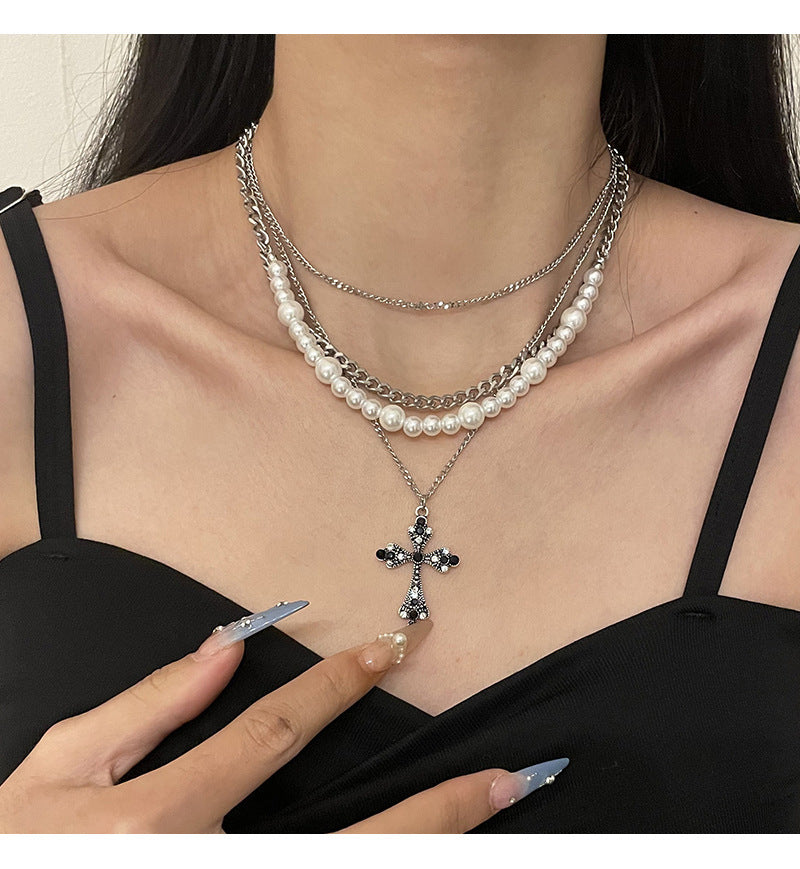 Fashion Personalized Multi-Layered Pearl Cross Pendant Necklace Clavicle Chain For Women Temperament Jewelry Accessories Gifts