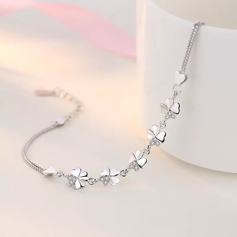 Lucky Four-Leaf Clover Silver Plated Bracelet Micro Rhinestone 925 Jewelry Japanese And Korean Simple Fashion