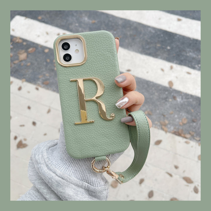 Litchi Pattern PU Metal Letter Phone Case