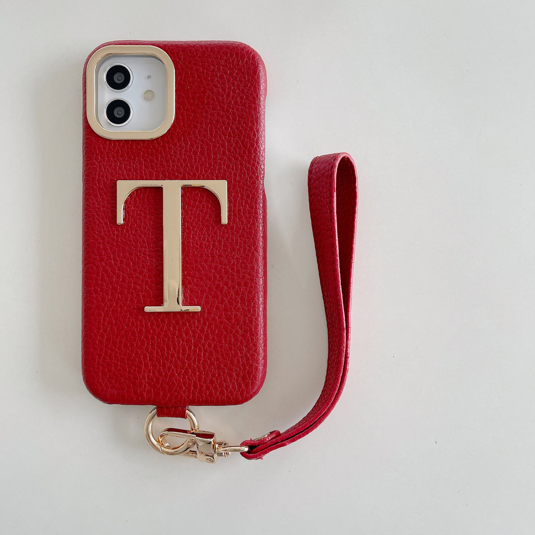 Litchi Pattern PU Metal Letter Phone Case