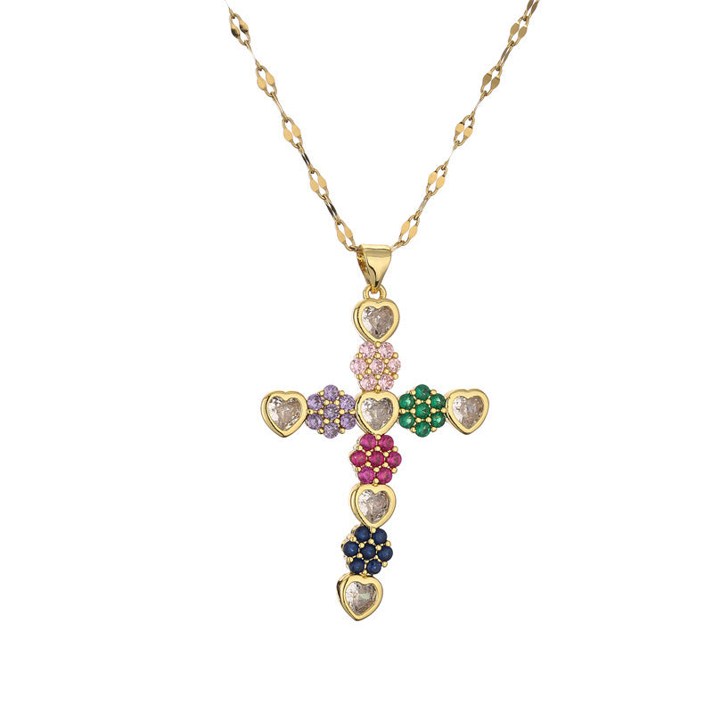 European And American Micro Zircon-inlaid Pendant Cross Necklace