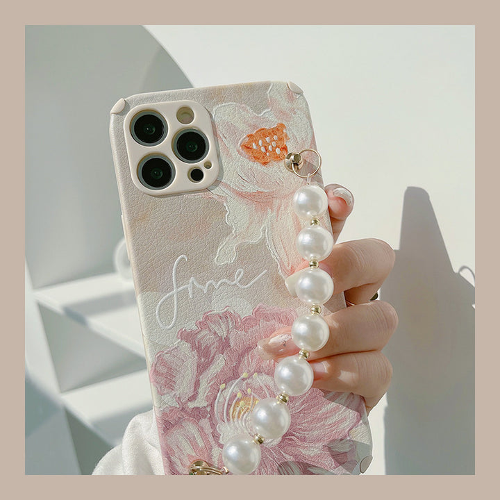 Oil Painting Floral Phone Case Pearl Chain