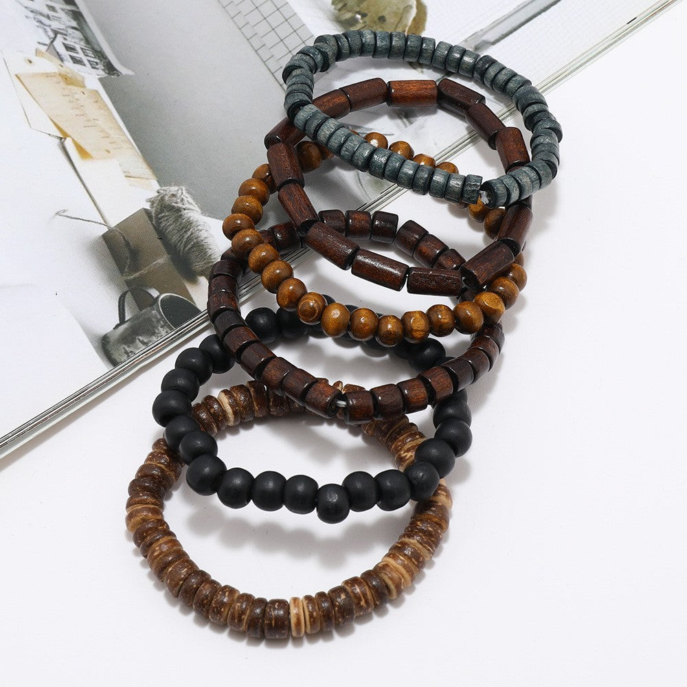 Simple Men's Multi-layer Wooden Bead Beaded Bracelet Suit