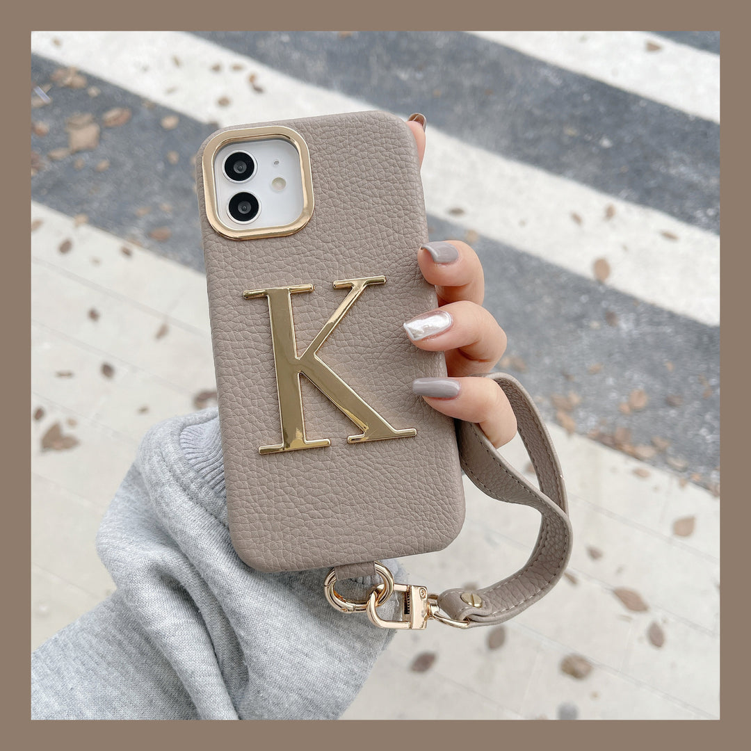 Litchi Pattern PU Metal Letter Phone Case