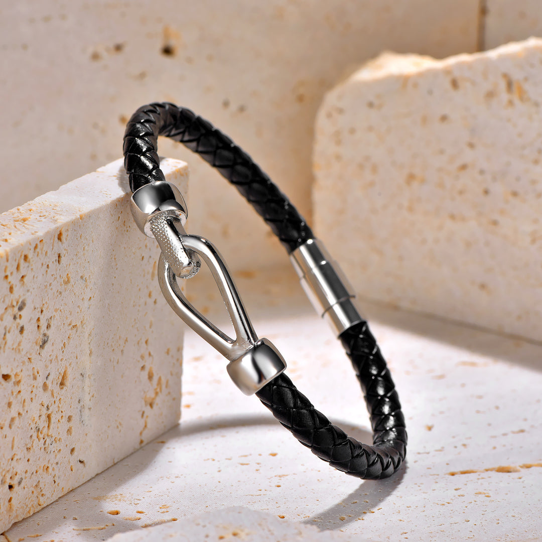 Simple Men's Titanium Steel Woven Leather Bracelet