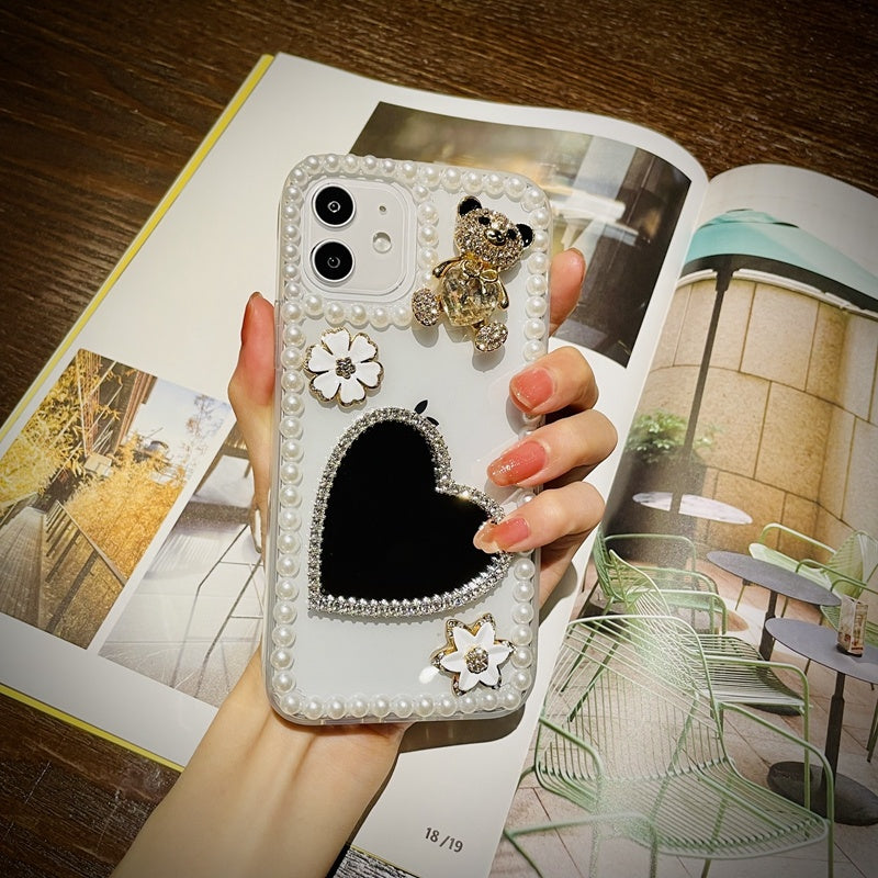 Love Heart Mirror Bling Glitter Pearl Phone Case