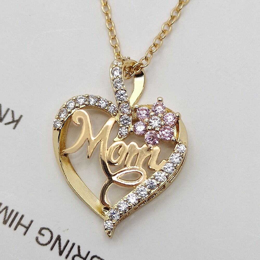 Cross Love Heart Flowers MOM Rhinestone Zircon Necklace Simple Pendant Clavicle Chain