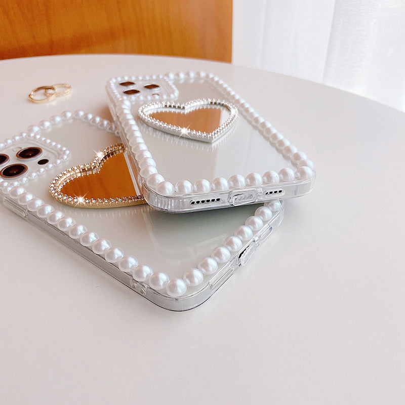 Acrilic Pearl Heart Mirror Rhinestone Telefon mobil Shell