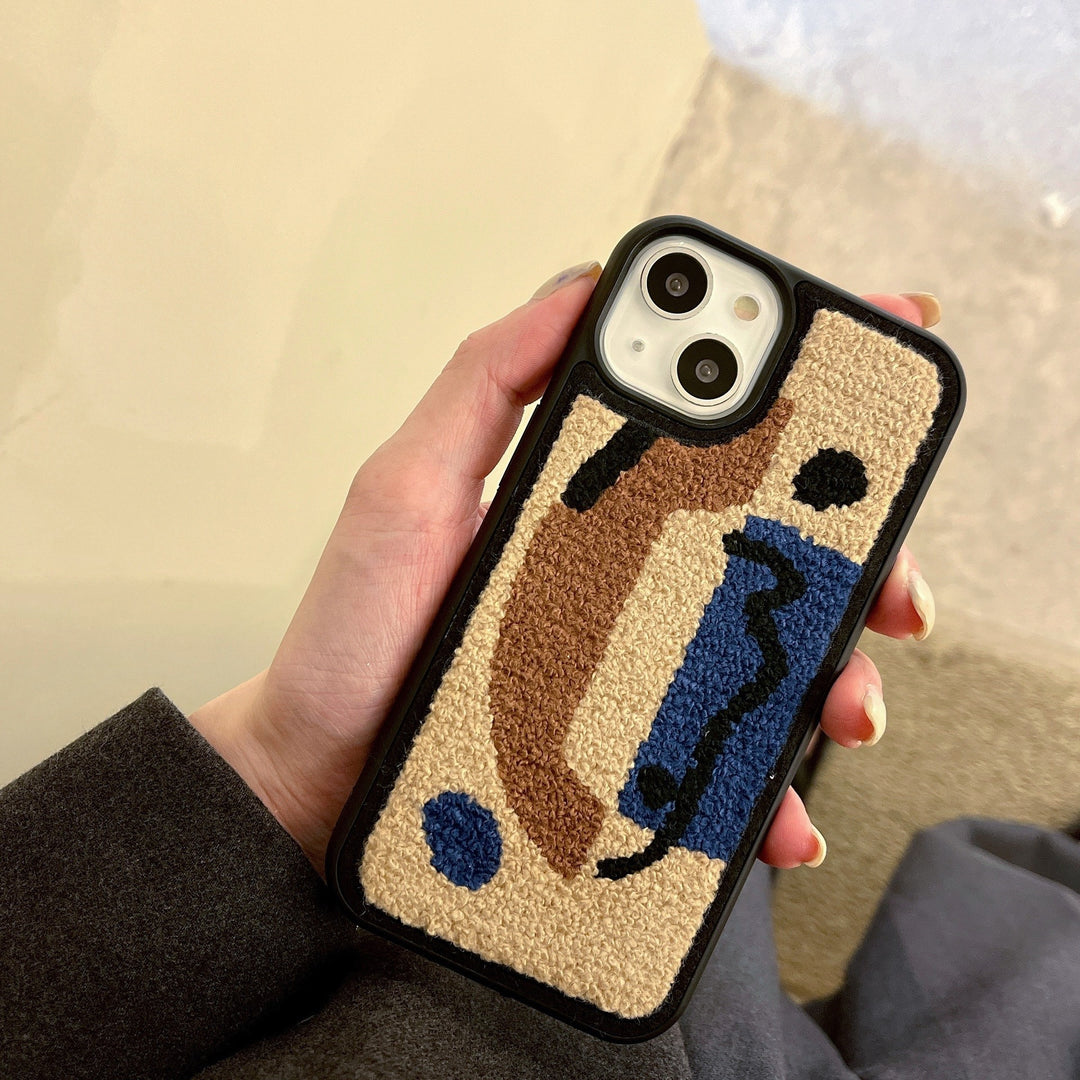 Plush Embroidered Brown Geometric Phone Case