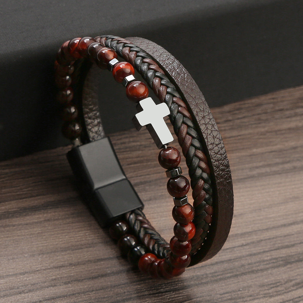 Natural Tiger Eye Stone Cross Bracelet