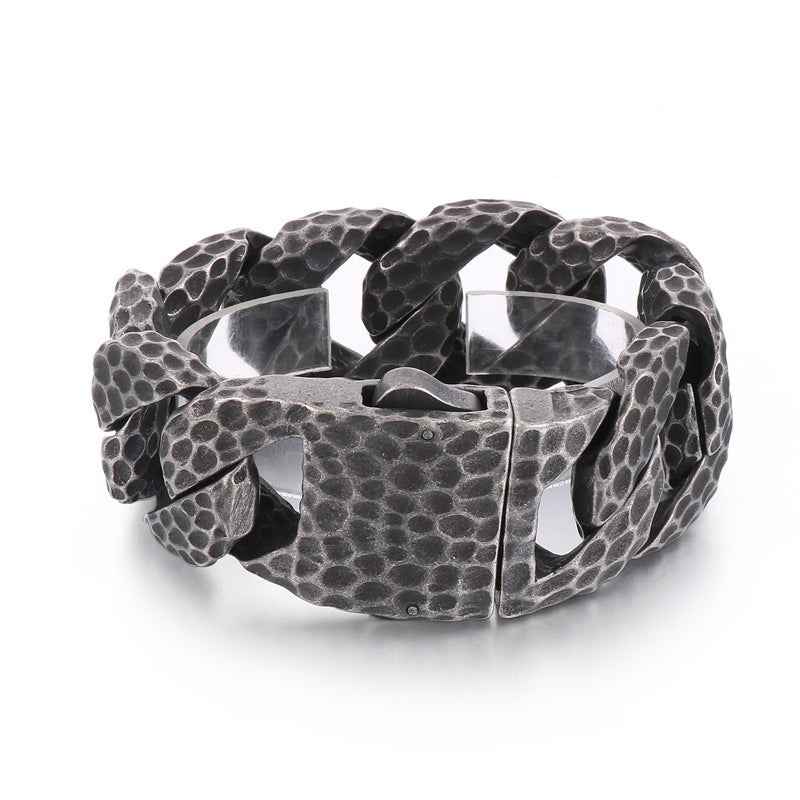 Snap Button Old Boiled Black Beat Pattern Titanium Steel Bracelet