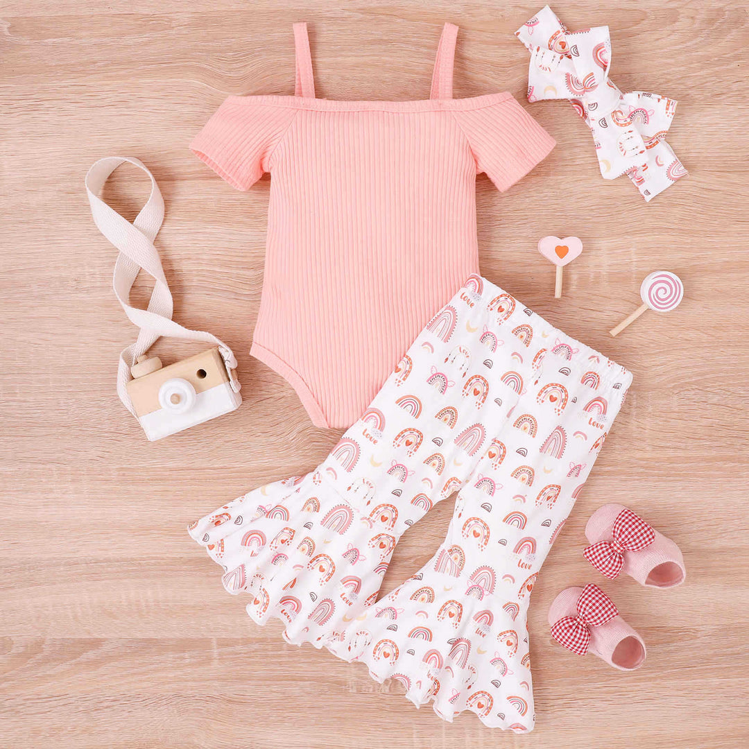 Baby Girl Toddler Summer Bow Suspenders V-neck Short Sleeve Onesie Printed Bell-bottom Pants