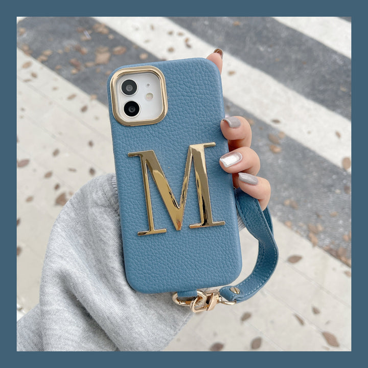 Litchi Pattern PU Metal Letter Phone Case