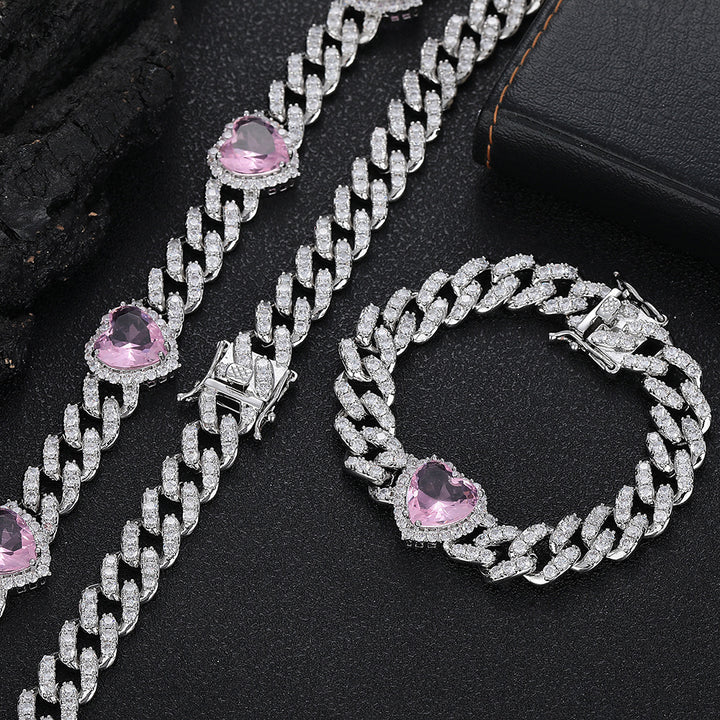 Love Pink Zircon Cuban Link Chain Women's Necklace