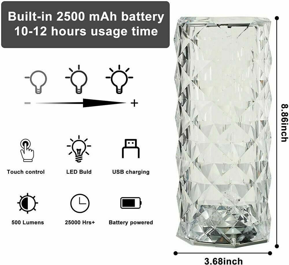 LED Crystal Table Lampa Diamond Rose Night Light Touch Atmosferă și telecomandă