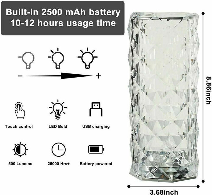 LED Crystal Table Lampa Diamond Rose Night Light Touch Atmosferă și telecomandă