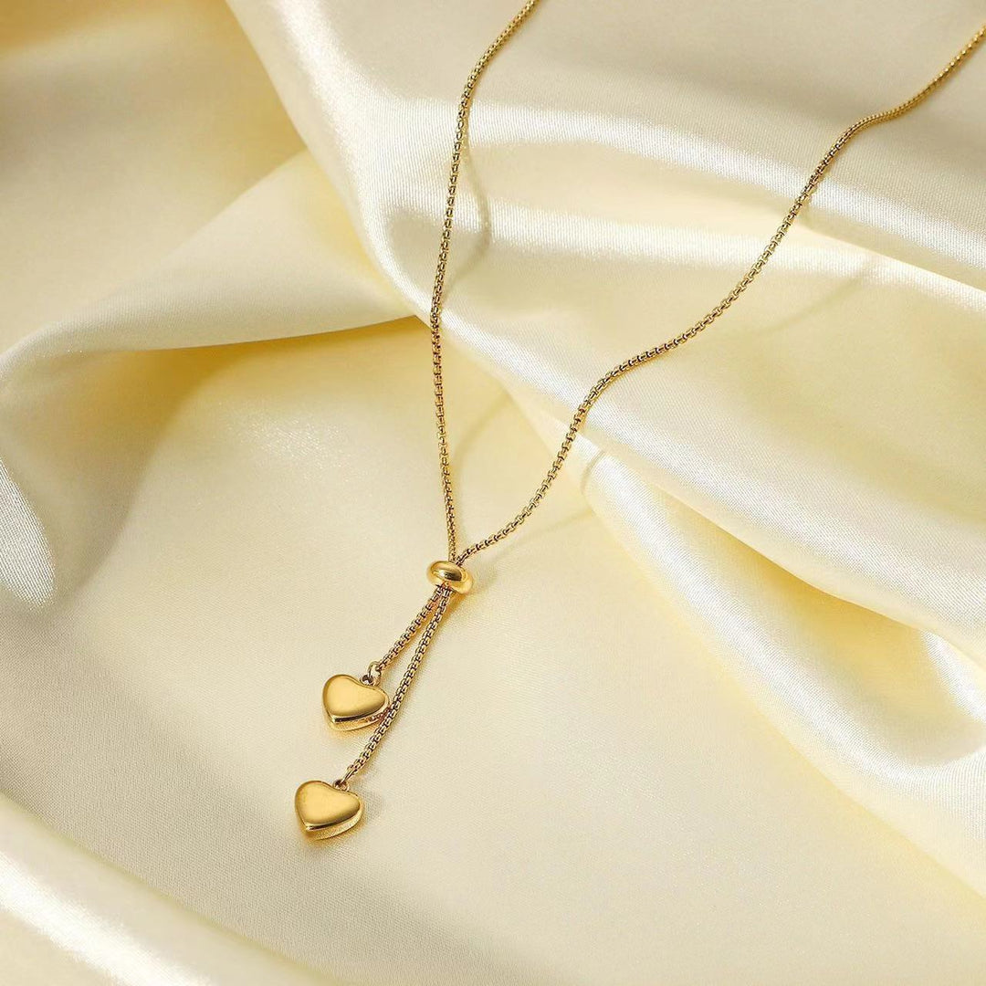 Korean-style Three-dimensional Glossy Double-heart Necklace